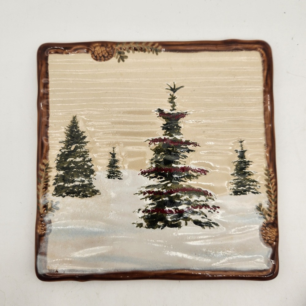 St Nicholas Sq Snow Valley Ceramic Pine Tree Wall Tile Trivet Cottagecore Disc